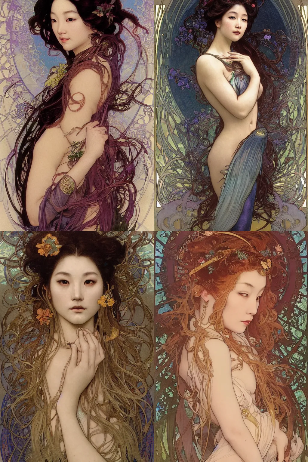 Prompt: stunning, breathtaking, awe-inspiring award-winning realistic concept art face portrait of mermaid Ashley Liao as a beautiful goddess, by Alphonse Mucha, Ayami Kojima, Amano, Charlie Bowater, Karol Bak, Greg Hildebrandt, Jean Delville, and Mark Brooks, Art Nouveau, Neo-Gothic, gothic, rich deep colors, cyberpunk, extremely moody lighting, glowing light and shadow, atmospheric, shadowy, cinematic, 8K