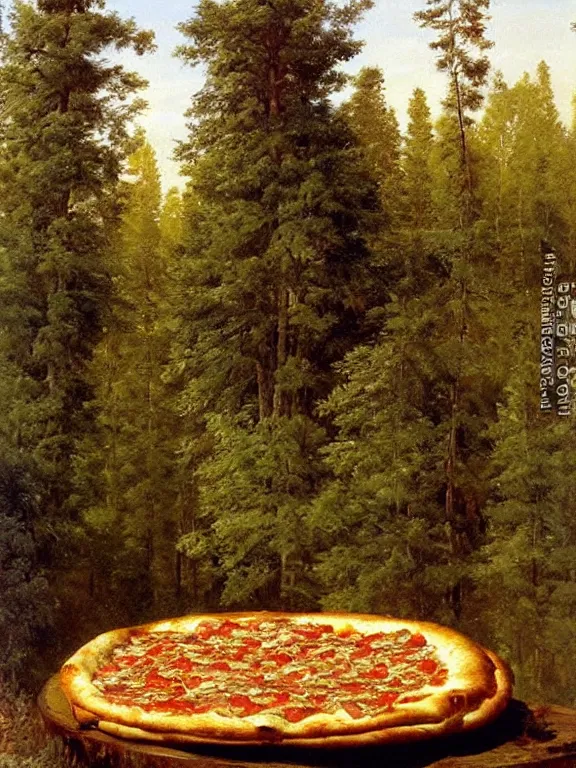 Image similar to Ivan Shishkin painting of a beautiful pizza at forest, beautiful lighting, sunny, summer, painting Ivan Shishkin