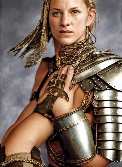 Prompt: close - up portrait of beautiful young woman dressed gladiator with metallic armor, art by annie leibovitz