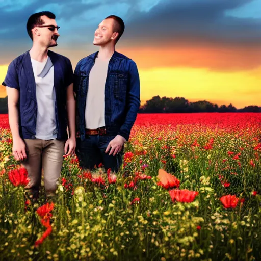 Image similar to a gay couple in their 30s together in a field of flowers at sunset, realistic, intricate, 4k