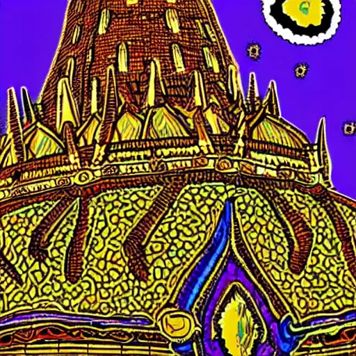 Prompt: psychedelic mole antonelliana in the style of robert crumb, with hallucinogenic mushrooms in the background, vivid colours