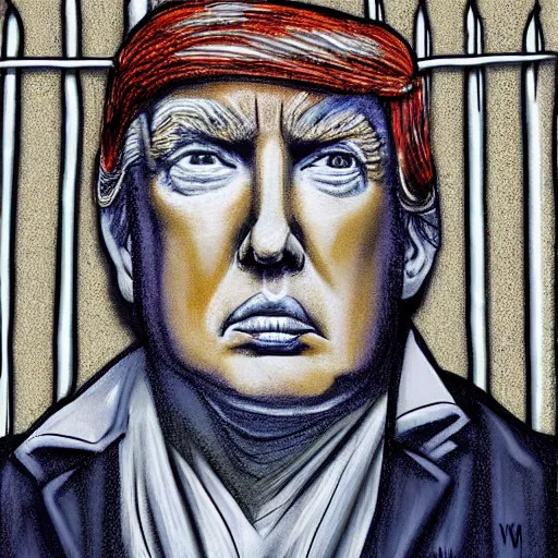 Image similar to donald trump as a prisoner behind bars in prison clothing, sad, dramatic, powerful, painted by leonardo da vinche