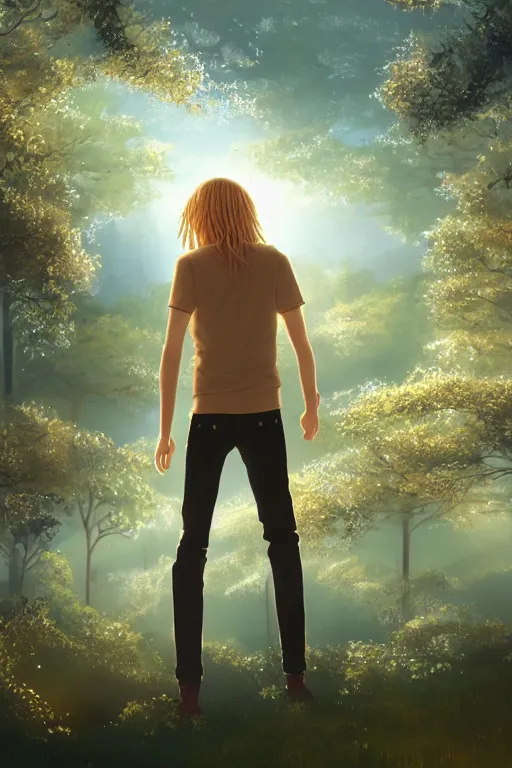 Image similar to pretty young man with long golden blond hair made of shiny and sparkling gold, demure, slender, back view, lost, trees, detailed forest background, webtoon, breathtaking scenery, colourful, 8 k, graphic novel, digital art trending on artstation, volumetric lighting, octane render, cinematic, hyper detailed, magical atmosphere, magical forest, anime