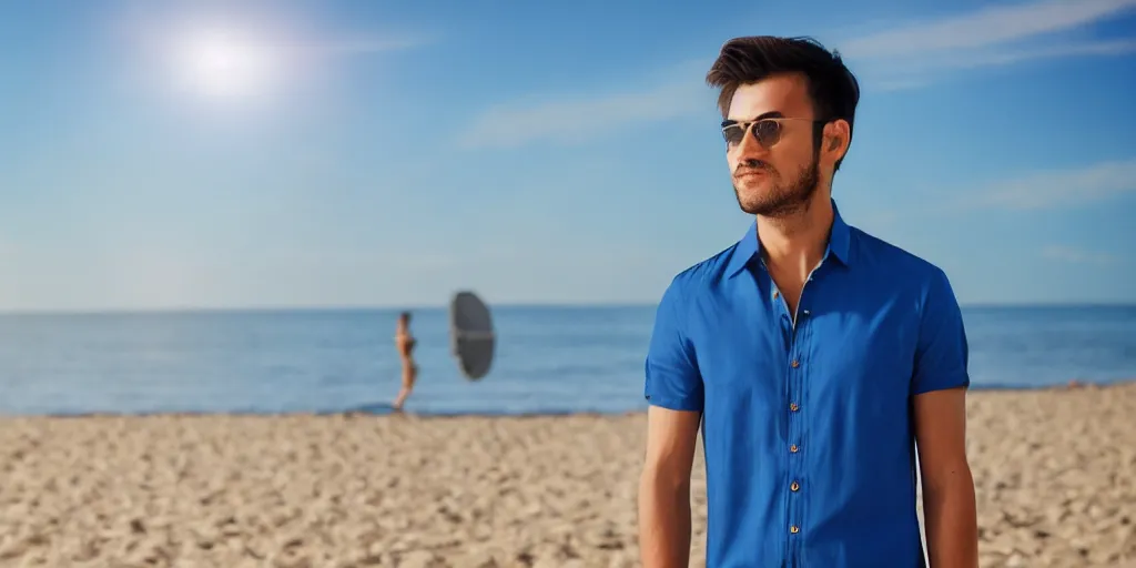 Image similar to a handsome guy is standing tall, in a beautiful shirt, with the beach, sea, sun, rays in the background? super detail, one character