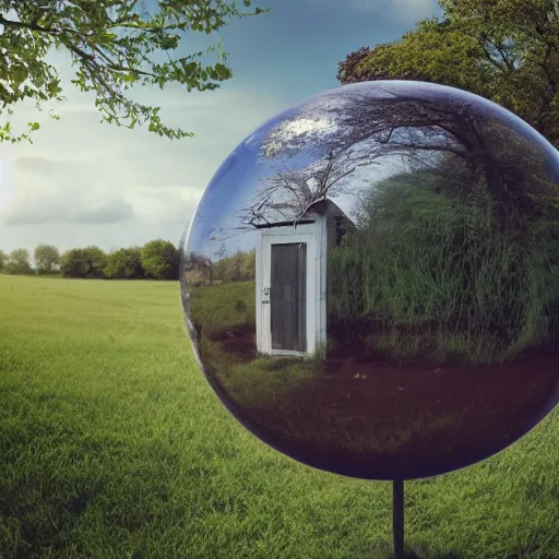 Image similar to standing in a field with a house in the distance, a small stream flowing through the field, standing inside a giant sphere