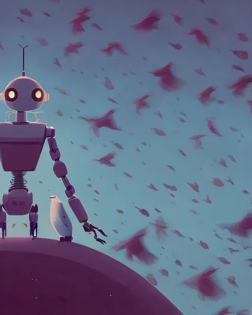 Image similar to a robot surrounded by a flock of birds, cory loftis, james gilleard, atey ghailan, makoto shinkai, goro fujita, character art, exquisite lighting, clear focus, very coherent, plain background, soft painting