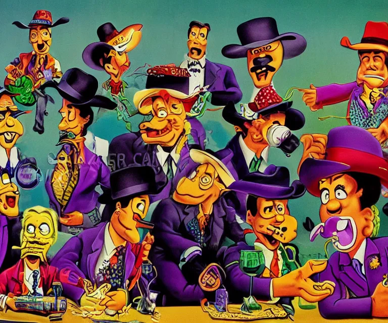 Prompt: corporate portrait of cassanova frankenstein marionette hobo bull grape salesman elvis presley johnny cash cowboy snakeoil salesman with purple green snakeskin cowhide motif and comically large cowboy hat selling top selling stimulant tonic product during half time TV commercial, hyperreal film still from televised advertisement by carl barks and tex avery