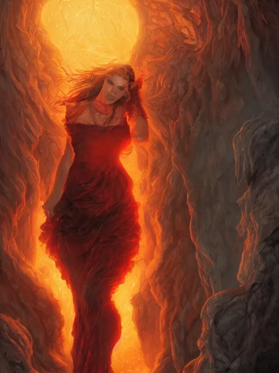 Image similar to Jennifer Connelly opening the door to hell, red lighting, time warping, D&D, fantasy, highly detailed, digital painting, trending on artstation, concept art, sharp focus, illustration, art by artgerm and greg rutkowski and magali villeneuve