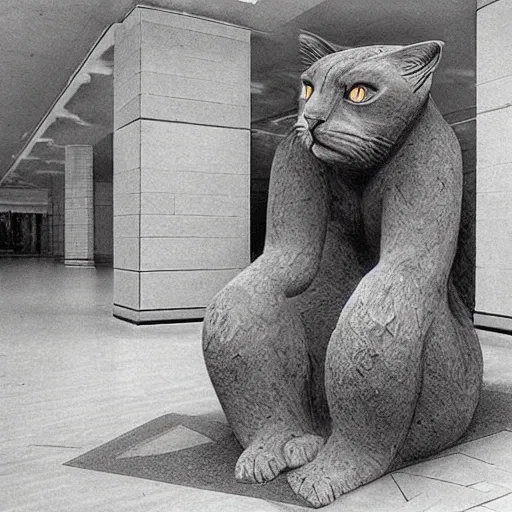 Prompt: photo of a giant human-cat hybrid hybrid sitting in a mall, by Zdzisław Beksiński