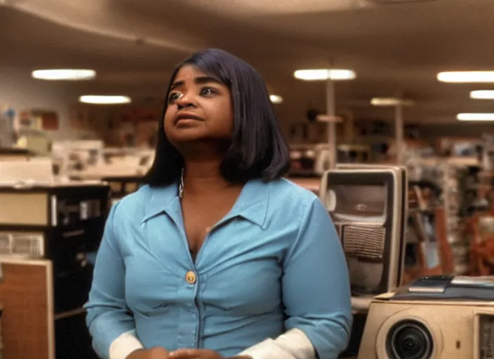 Image similar to cinematic shot of octavia spencer in an small used electronics store, iconic scene from the paranoid thriller sci fi film directed by stanley kubrick, anamorphic cinematography, beautiful composition, color theory, leading lines, photorealistic, volumetric lighting, f / 2 2