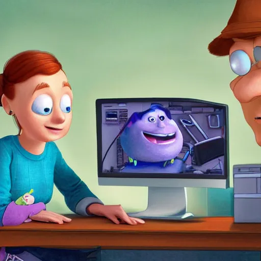 Prompt: inpatient users waiting in front of their computer by Pixar, digital art