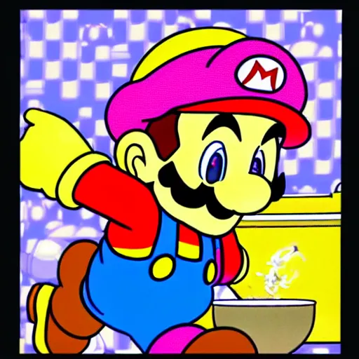 Image similar to super mario in everyday clothes cooking pasta for princess peach, sprite, vaporwave nostalgia, directed by beat takeshi, visual novel cg, 8 0 s anime vibe, kimagure orange road, maison ikkoku, sketch by akira toriyama