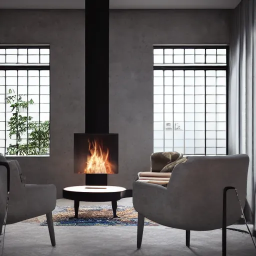 Image similar to two armchairs sitting in front of a cosy fireplace, modern home design interior, octane render, hyperrealistic, concrete archetecture, vray, volumetric lighting, cinema 4 d, unreal engine