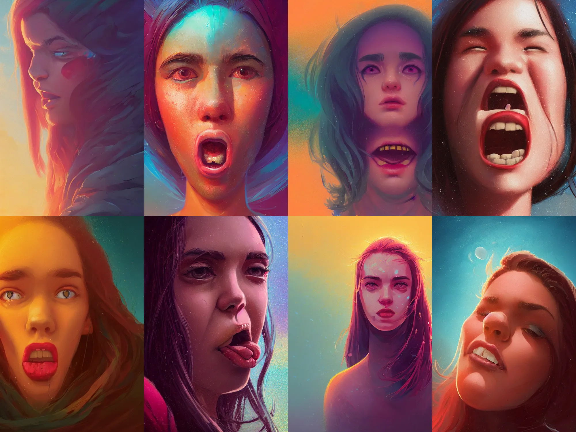 Prompt: close - up portrait girl sticking out tongue in defiance, alena aenami, petros afshar, noah bradley, anton fadeev, anato finnstark, steve henderson, filip hodas, mark keathley, thomas kinkade, phil koch, gilbert williams, mike winkelmann, beeple