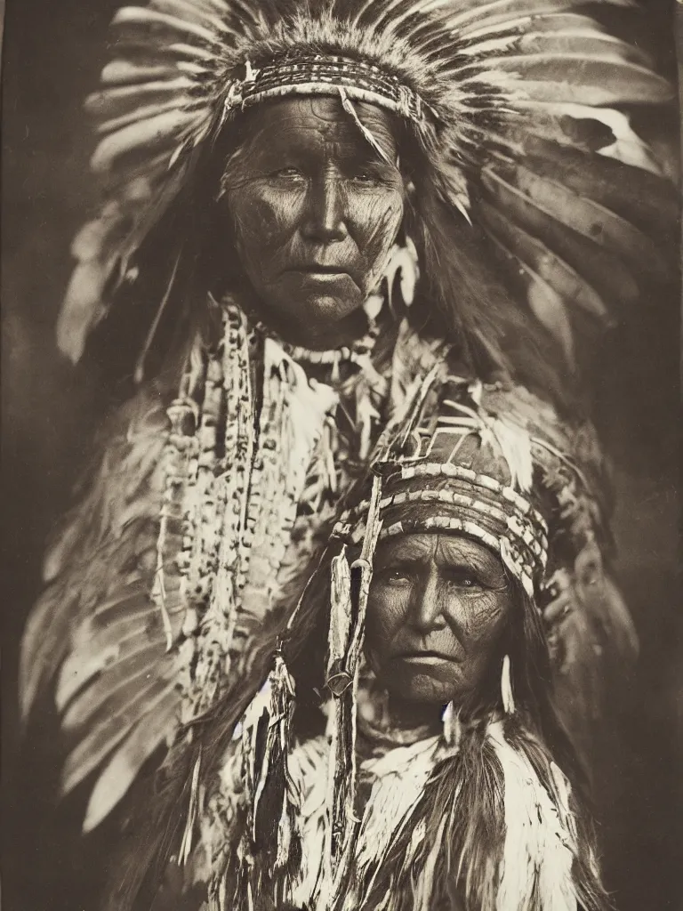 Prompt: a faded old black and white wet plate photo of an american indian female warrior,