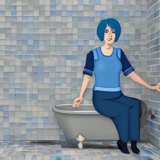 Prompt: short blue haired woman, sitting in tile bathroom, american pop animation style