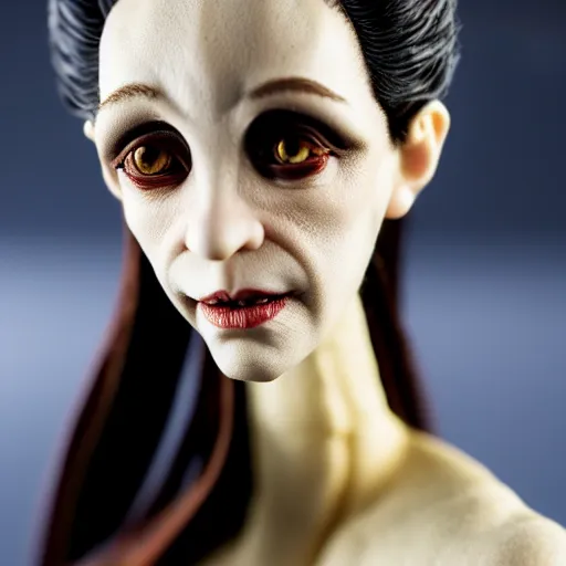 Image similar to photo taken of an epic intricate, ultra detailed, super realistic stop motion puppet of a majestic gracious regal aristocratic brunette female vampire created by weta workshop, menacing, wide angle, full body shots, photorealistic, sharp focus, white wall, extremely cold blueish colour temperature, 3 5 mm, f 1. 4, golden ratio