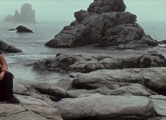 Image similar to screenshot of Luke Skywalker sitting around rocks floating in the air, outside on the rocky jedi temple, iconic scene from the last jedi, 1980s film directed by Stanley Kubrick, great portrait of Mark Hammill, cinematic lighting, kodak, stunning moody cinematography, with anamorphic lenses, crisp, detailed portrait, 4k image