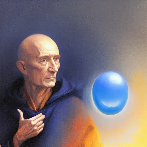 Prompt: portrait powerful blue wizard John Locke wearing navy blue hoodie brandishes an electric blue orb greg rutkowski mark rothko tombow