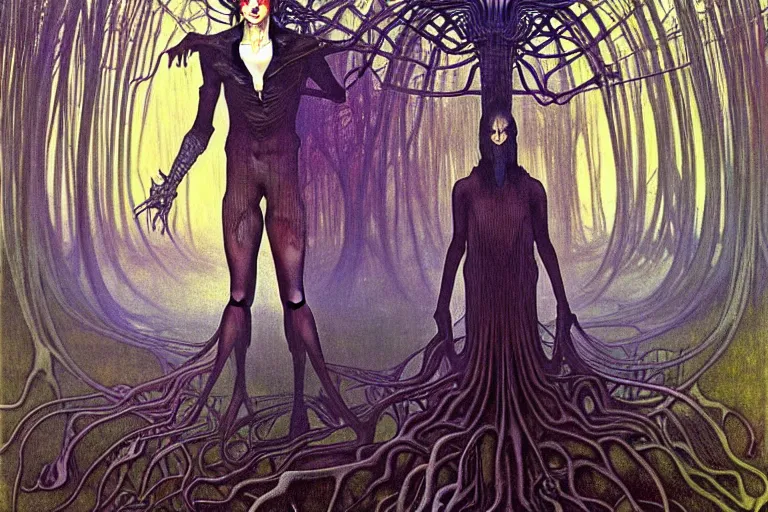 Prompt: realistic extremely detailed portrait painting of an elegantly creepy vampire man dressed as dracula, futuristic sci-fi forest on background by Jean Delville, Amano, Yves Tanguy, Alphonse Mucha, Ernst Haeckel, Edward Robert Hughes, Roger Dean, rich moody colours