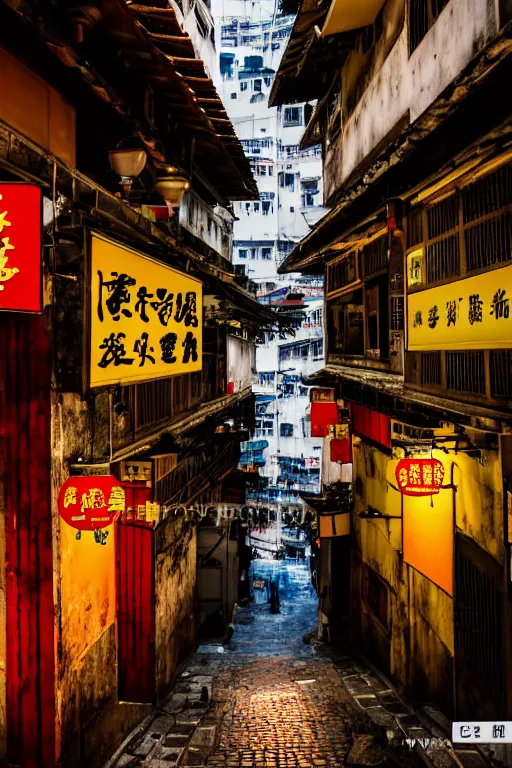 Image similar to an interior view of an old walled city in Hong Kong, colorful, dated and old, dark moody lighting, very detailed, photoreal, 8k, canon 20mm lens