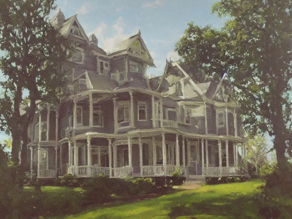 Prompt: “A oil painting of a greenVictorian house”