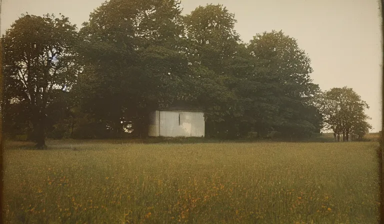 Image similar to A serene landscape with a singular building in the style of Autochrome Lumière