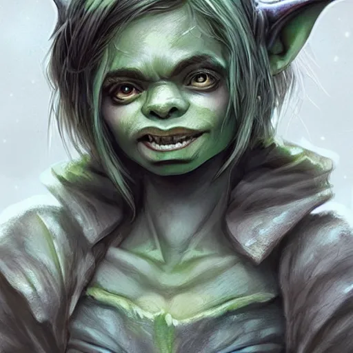 Image similar to Cute Goblin Cleric Girl with large expressive eyes and a scarf, hatched ear, green skin, highly detailed, by Luke Pearson, Cornelia Geppert, artgerm, digital illustration, comic style, concept art
