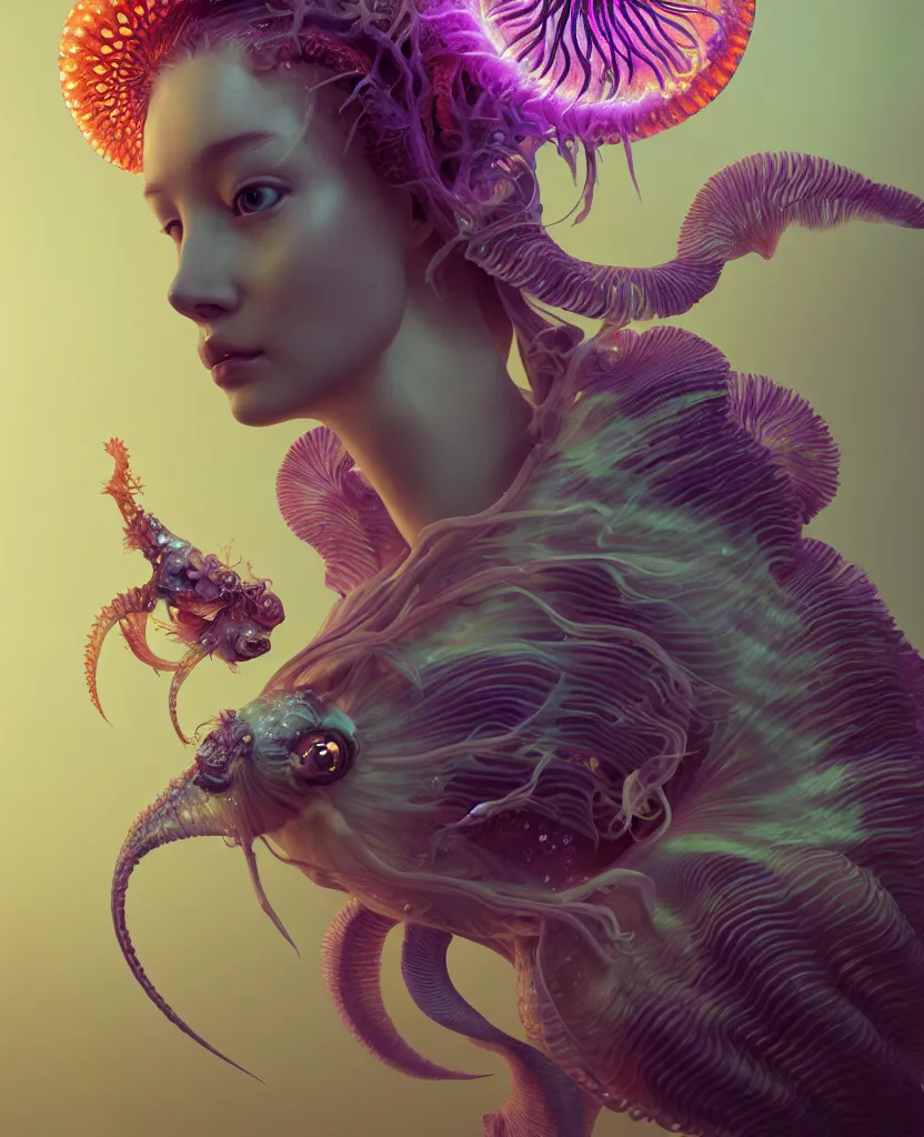 Image similar to goddess close-up portrait. chimera orchid jellyfish phoenix head, nautilus, skull, betta fish, bioluminiscent creatures, intricate artwork by Tooth Wu and wlop and beeple. octane render, trending on artstation, greg rutkowski very coherent symmetrical artwork. cinematic, hyper realism, high detail, octane render, 8k