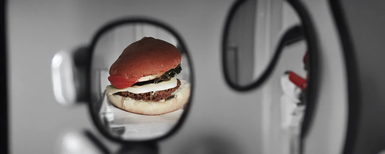 Prompt: a sentient hamburger staring at himself in the mirror canon 5 0 mm, cinematic lighting, photography, retro, film, kodachrome, closeup