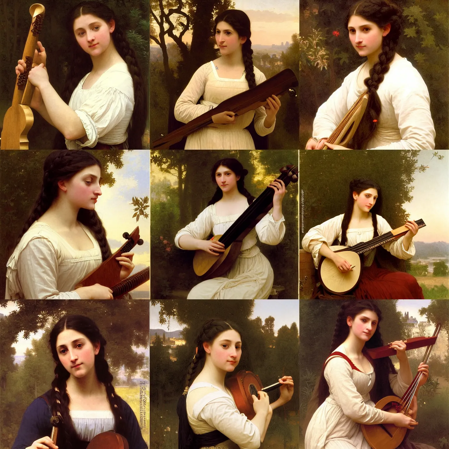 Prompt: Tall English Woman playing the lute. High cheekbones, narrow nose, thin lips. Master Lutist. Long dark hair in a braid. Art by William-Adolphe Bouguereau. During golden hour. Extremely detailed. Beautiful. 4K. Award winning.