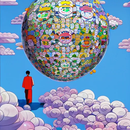 Image similar to a man walking on clouds away from the camera above kyoto by takashi murakami, beeple and james jean, aya takano color style, 4 k, super detailed, modern, 4 k, symmetrical