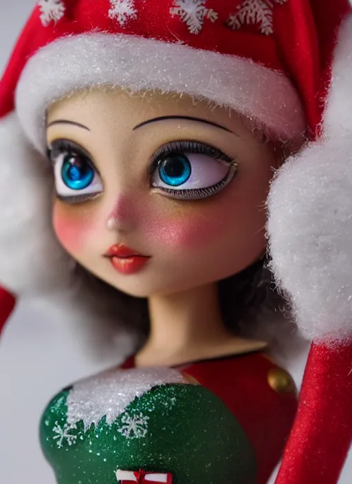 Image similar to closeup profile portrait of tin toy santa elf snow bikini girl, depth of field, zeiss lens, detailed, symmetrical, centered, fashion photoshoot, by nicoletta ceccoli, mark ryden, lostfish, breathtaking, 8 k resolution, extremely detailed, beautiful, establishing shot, artistic, hyperrealistic, octane render