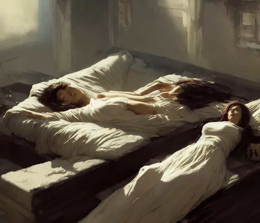 Prompt: the dreamer wakes from her slumber. concept art by greg rutkowski, john j. park, jason chan, noah bradley, feng zhu, gintas galvanauskas, gustave courbet, rosa bonheur, edward hopper. sharp focus, cinematic atmosphere, detailed and intricate, perfect anatomy