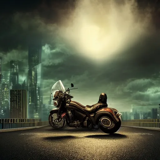 Prompt: A lonesome wanderer riding a motorcycle, dark uncanny road to a huge hive city sparkling with city lights, dark clouds, descent into madness, death, i am the night, realistic 4k octane beautifully detailed render, 4k post-processing, highly detailed, intricate complexity, epic composition, magical atmosphere, cinematic lighting, masterpiece, ultra hd