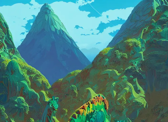 Prompt: psychedelic art of a mountain shaped like a dinosaur, jungle landscape, detailed, cel shaded, by makoto shinkai and moebius and anton fadeev and james gurney