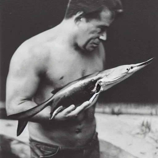 Image similar to Serious black-and-white photograph of a man pulling a swordfish out of his nose.