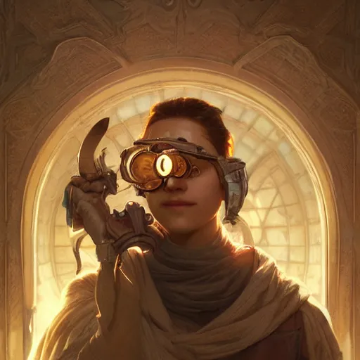 Prompt: an inventor, goggles on forehead, thin beard, d & d, fantasy, intricate, cinematic lighting, highly detailed, digital painting, artstation, concept art, smooth, sharp focus, illustration, art by artgerm and greg rutkowski and alphonse mucha