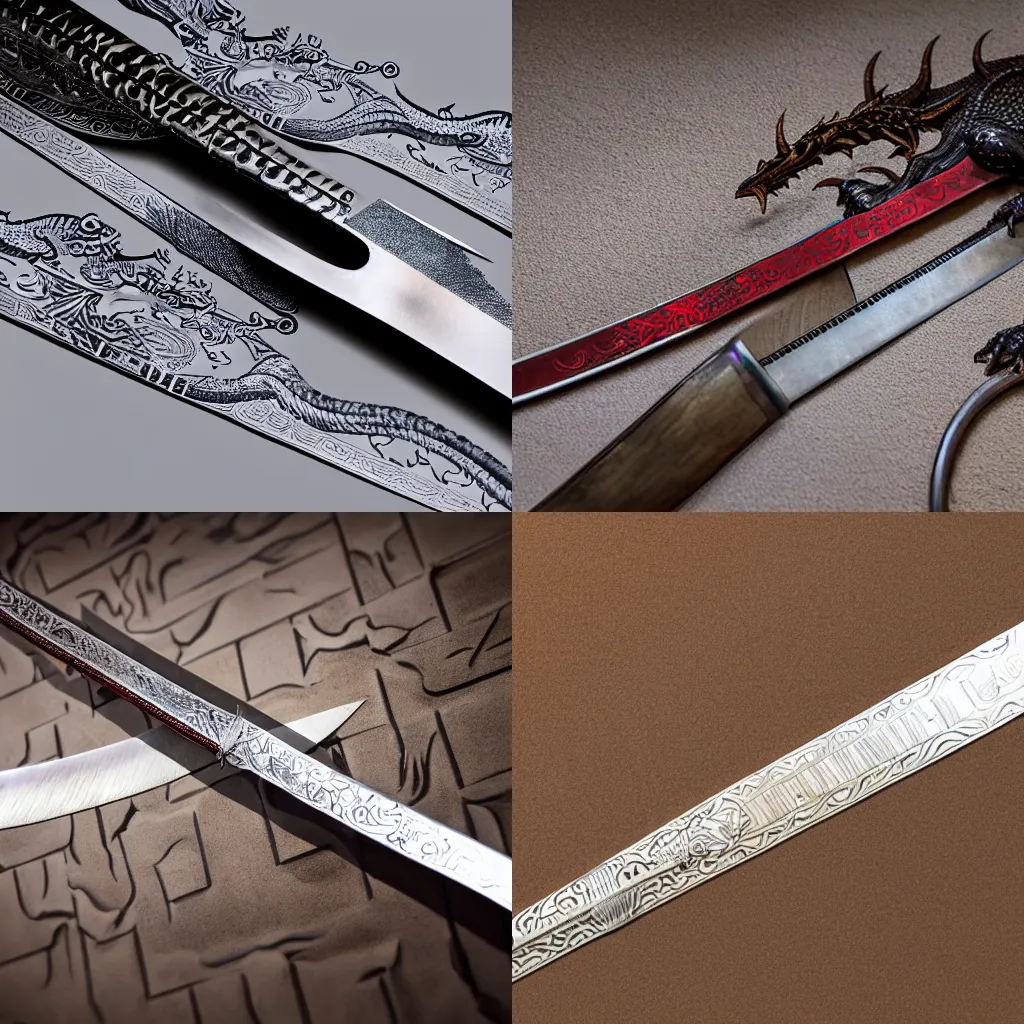 Prompt: a decorative sword with dragon etching along the metal blade, dynamic lighting, photography