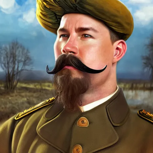 Prompt: fullbody portrait of channing tatum with handlebar moustache, wearing russian ww 1 clothes, with black high bucket on head, white thatch houses at background, sunny, style ivan talavera and artgerm, radiant lighting, hyper realistic, photorealistic, octane render, trending on artstation, cgsociety, cinematic light, global illumination