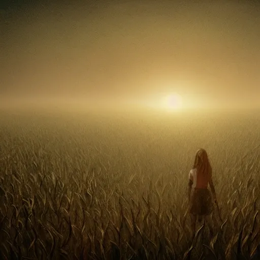 Image similar to demons inside a corn field, foggy, artstation