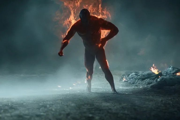 Image similar to a cinematic wide - angle photograph of mutant made of fire walking through a vast serene landscape, beautiful lighting, high depth, ultra realistic, artistic, by zack snyder and john harris