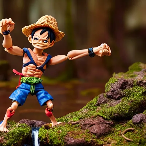 Image similar to high - res photograph of a claymation sculpture action figure warrior luffy, highly detailed sculpey diorama, forest setting, waterfall backdrop, smooth, sharp foccus, commercial product photography,