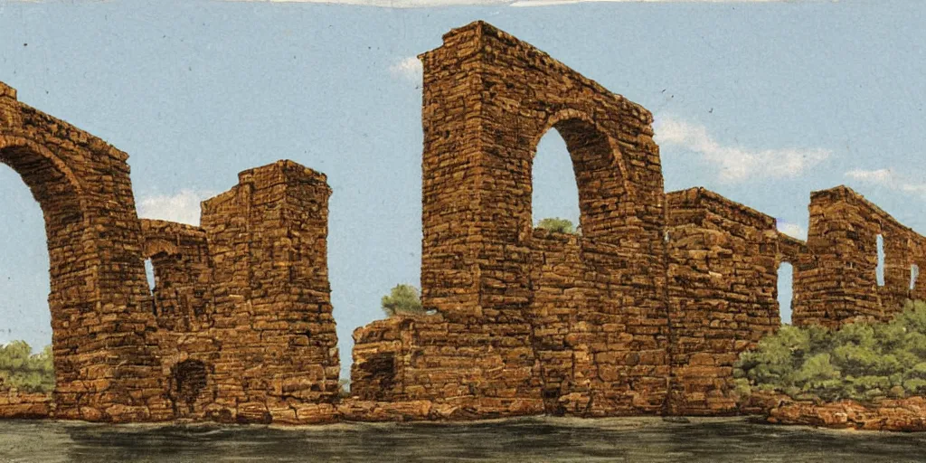 Image similar to Illustration, ancient city built along the top of a narrow tall arched bridge, over water, really long, stretches to the horizon