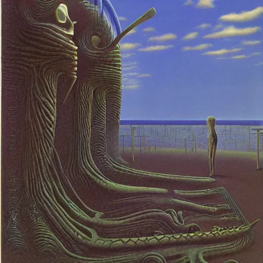 Prompt: a painting of summertime resort by zdzisław beksinski, h. r. giger, h. p. lovecraft and junji ito