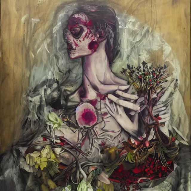 Prompt: dead flowers, portrait of a female art student in a hospital bed, sensual, wilted flowers, squashed berry stains, octopus, scientific glassware, eating rotting fruit, oxygen tank, candlelight, neo - impressionist, surrealism, acrylic and spray paint and oilstick on canvas