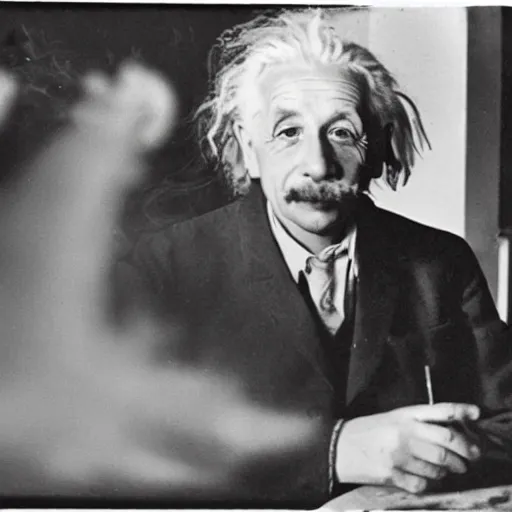 Image similar to a 1930s photograph of Albert Einstein smoking weed at a party