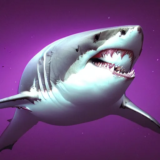 Prompt: a great white shark with purple lasers projecting out of its eyes. highly detailed, 4 k