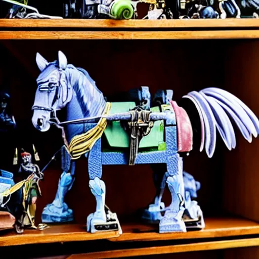 Prompt: full - color photo of a transformers toy that is a roman soldier which transforms into a horse - drawn chariot, displayed on a shelf in a toy store.