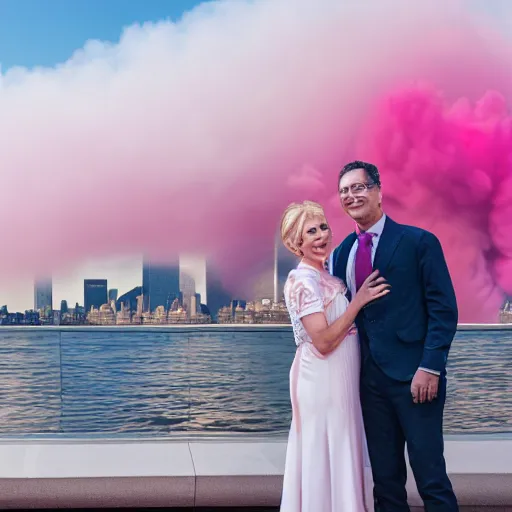 Image similar to a close up of a smiling couple of parents to be, in front of 9 / 1 1 with pink smoke, 1 2 0 mm, clear details, award winning